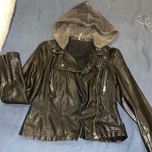 FREE PEOPLE Black leather biker jacket with removable hood